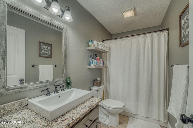 107 Oak Leaf Ter, Joplin, MO 64804 - bathroom featuring a textured ceiling, toilet, visible vents, vanity, and a shower with curtain