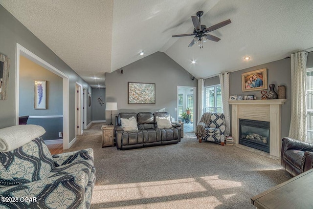 107 Oak Leaf Ter, Joplin, MO 64804 - carpeted living area with baseboards, a ceiling fan, a glass covered fireplace, lofted ceiling, and a textured ceiling
