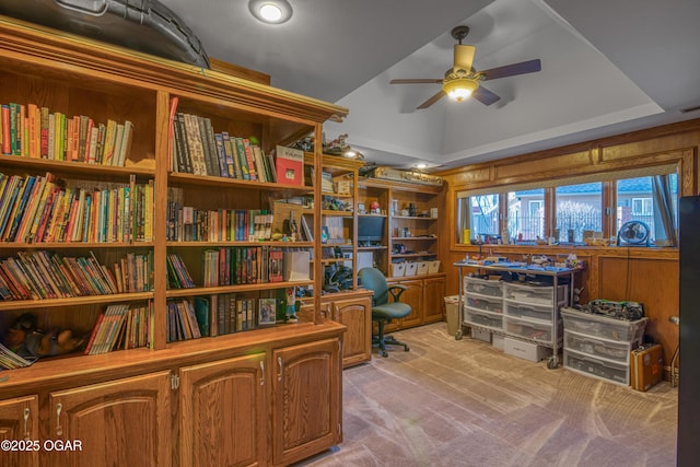 office space featuring carpet flooring and a ceiling fan