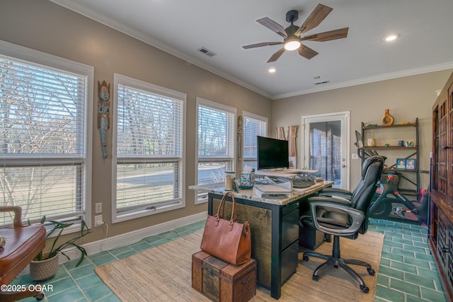 office with ceiling fan, tile patterned flooring, recessed lighting, visible vents, and ornamental molding