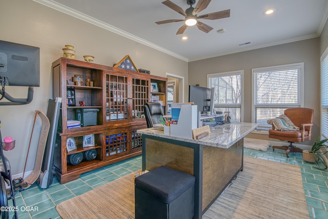 home office featuring recessed lighting, ceiling fan, visible vents, and ornamental molding