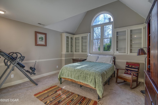 bedroom with baseboards, visible vents, vaulted ceiling, and carpet flooring