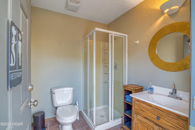 bathroom with a stall shower, visible vents, toilet, tile patterned flooring, and vanity