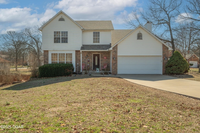 traditional-style house with brick siding, a front lawn, concrete driveway, a chimney, and a garage