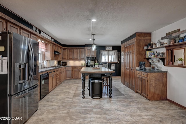 kitchen featuring open shelves, black dishwasher, a sink, stainless steel refrigerator with ice dispenser, and a textured ceiling