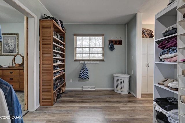 spacious closet featuring visible vents and wood finished floors