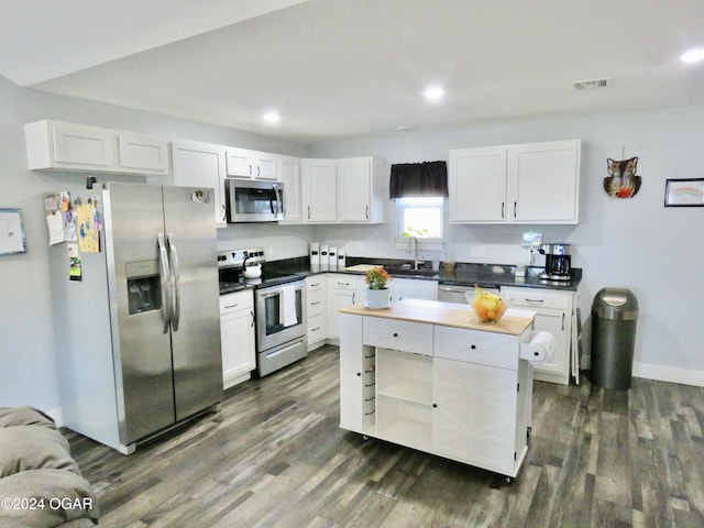 kitchen featuring dark wood-style floors, stainless steel appliances, a sink, and white cabinetry