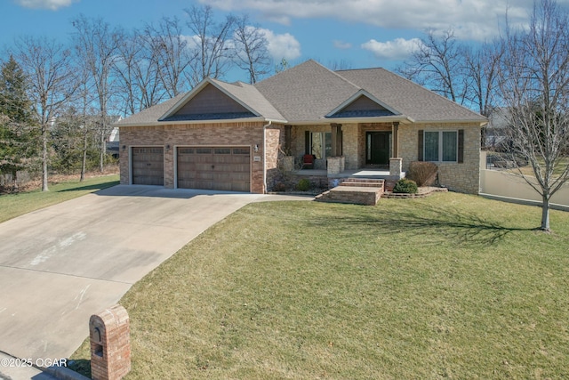 view of front of property with a front yard, roof with shingles, concrete driveway, a garage, and brick siding