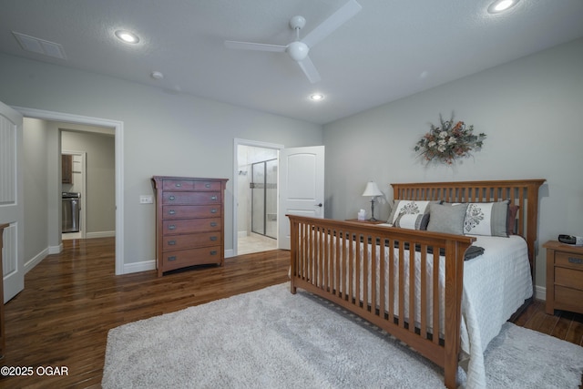 bedroom featuring wood finished floors, baseboards, recessed lighting, ceiling fan, and connected bathroom