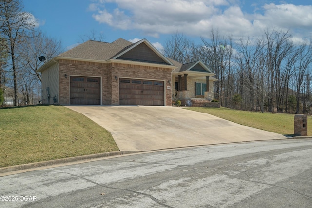 view of front of home with a front lawn, roof with shingles, concrete driveway, a garage, and brick siding