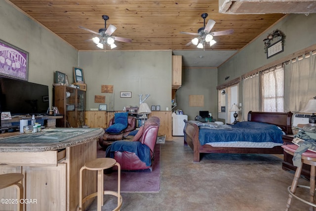 bedroom featuring concrete flooring and wooden ceiling