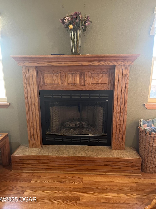 room details with a fireplace with raised hearth and wood finished floors