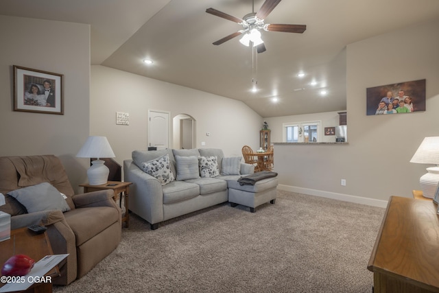 carpeted living room featuring ceiling fan, baseboards, vaulted ceiling, and recessed lighting