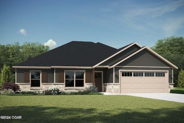 craftsman-style home with a front yard, a garage, stone siding, and driveway