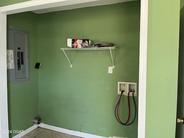 laundry area with washer hookup, tile patterned flooring, electric panel, and baseboards