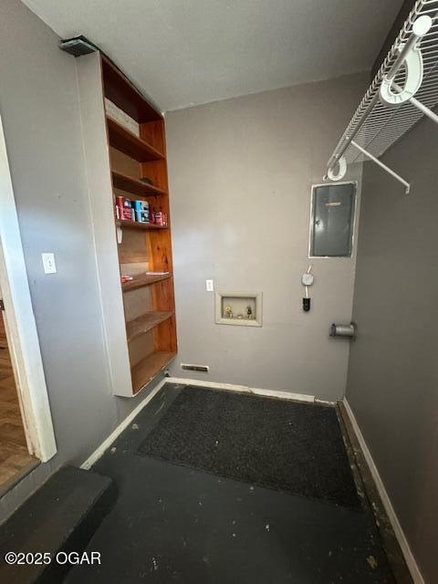 washroom featuring washer hookup, laundry area, electric panel, and baseboards