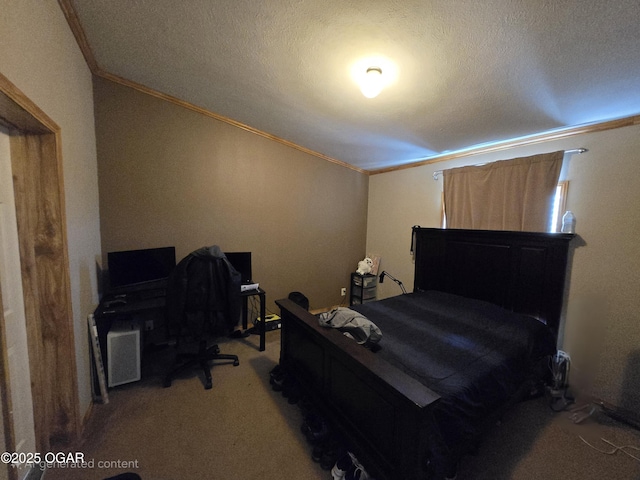 bedroom featuring a textured ceiling, carpet floors, and crown molding