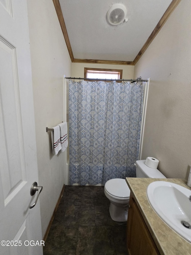 bathroom with curtained shower, visible vents, toilet, ornamental molding, and vanity