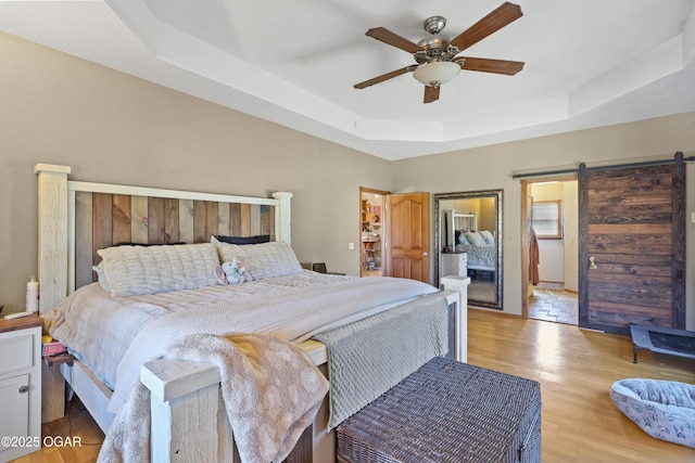 bedroom with a spacious closet, ceiling fan, a barn door, a tray ceiling, and light wood-style floors