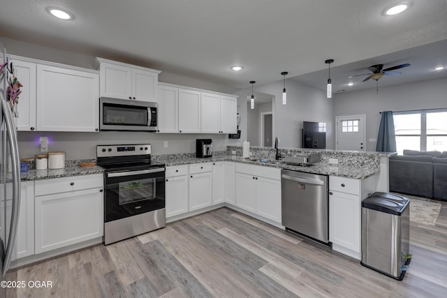 kitchen featuring ceiling fan, open floor plan, a peninsula, stainless steel appliances, and a sink