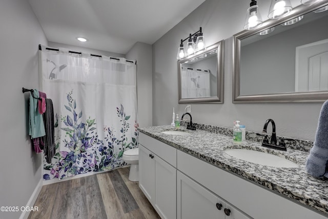 full bath featuring a sink, toilet, wood finished floors, and double vanity