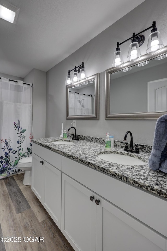 full bath featuring a sink, toilet, wood finished floors, and double vanity