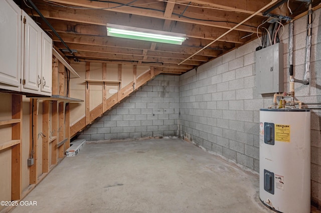 unfinished basement with electric panel and water heater