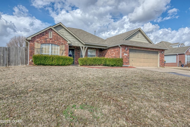 ranch-style house featuring driveway, a garage, fence, and brick siding