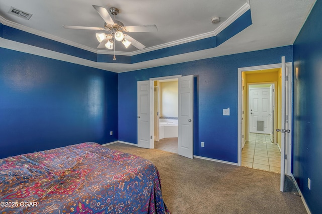 tiled bedroom featuring carpet floors, visible vents, crown molding, and baseboards