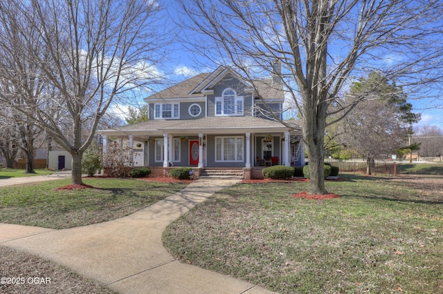 view of front of house featuring covered porch, fence, roof with shingles, a front lawn, and a chimney