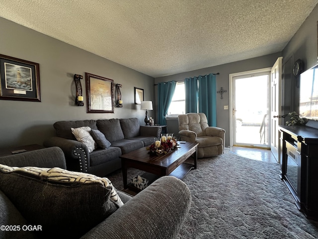 carpeted living room with a textured ceiling