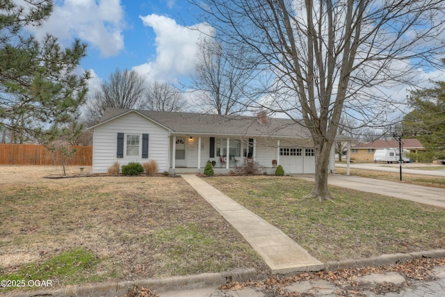 ranch-style home featuring concrete driveway, a porch, an attached garage, fence, and a front lawn