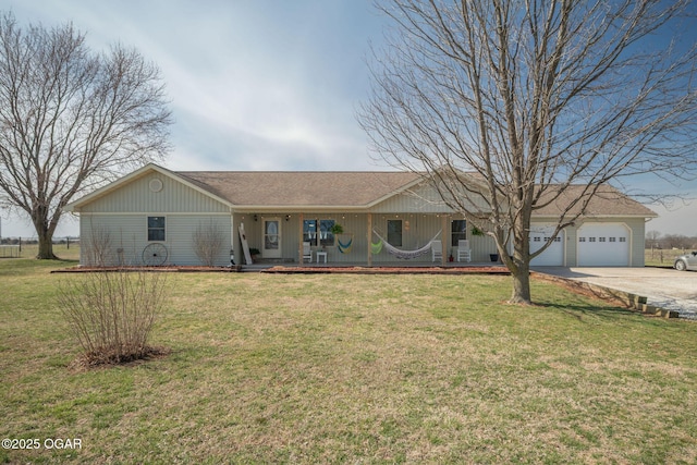 ranch-style home featuring a porch, concrete driveway, an attached garage, and a front lawn