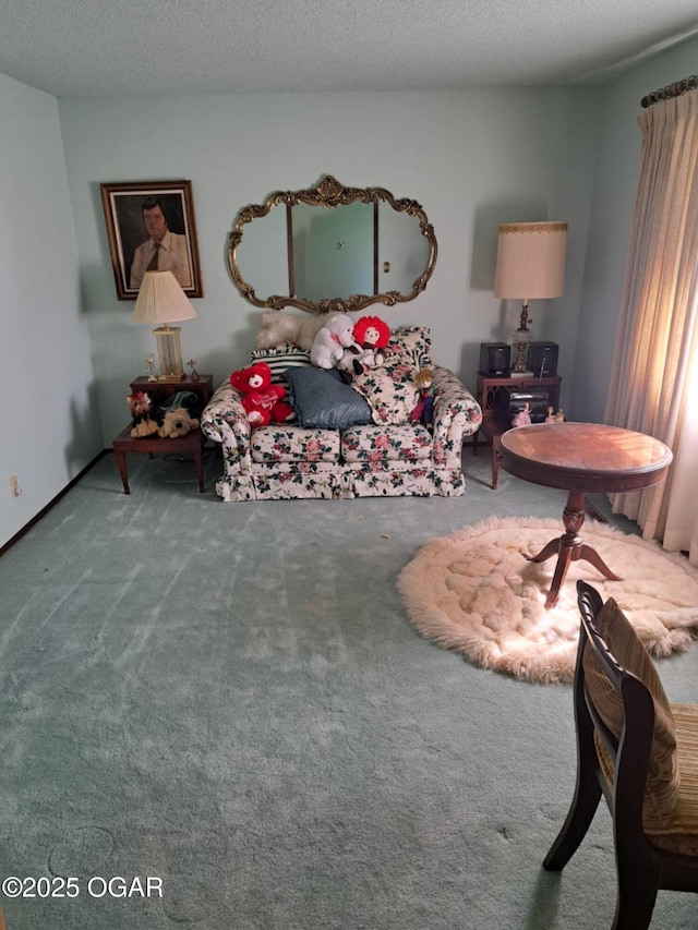 carpeted living area with a textured ceiling