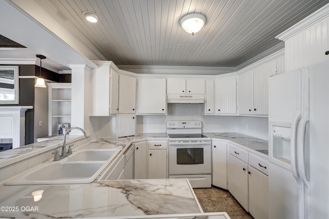 kitchen with under cabinet range hood, white appliances, a sink, white cabinets, and crown molding