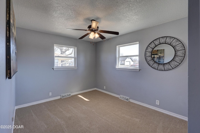 carpeted empty room with visible vents, plenty of natural light, and baseboards