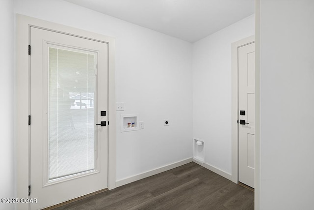 washroom featuring baseboards, laundry area, hookup for a washing machine, electric dryer hookup, and dark wood-style flooring