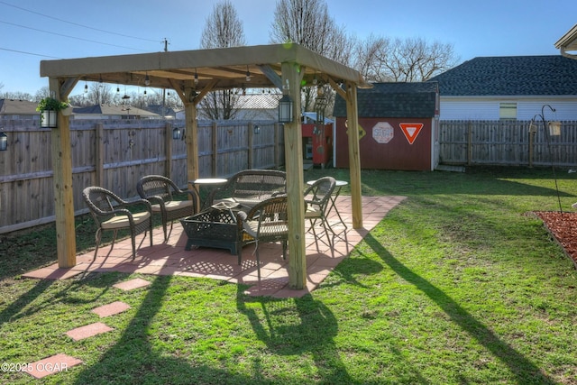 view of yard featuring a fenced backyard, a patio, a storage shed, and an outdoor structure