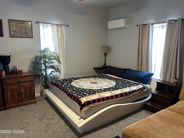 bedroom with light colored carpet and an AC wall unit