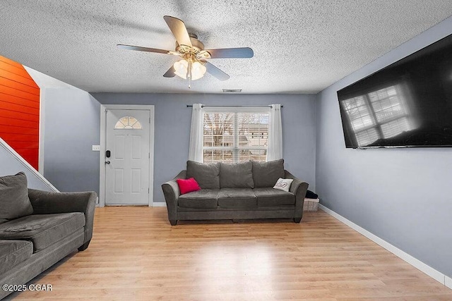 living area featuring light wood finished floors, visible vents, baseboards, a textured ceiling, and a ceiling fan