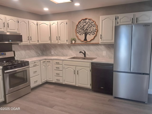 kitchen featuring a sink, light countertops, light wood-type flooring, and stainless steel appliances