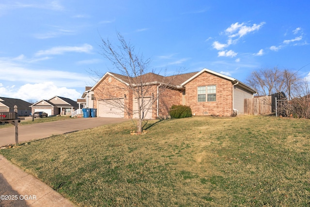 single story home featuring a front lawn, driveway, fence, a garage, and brick siding