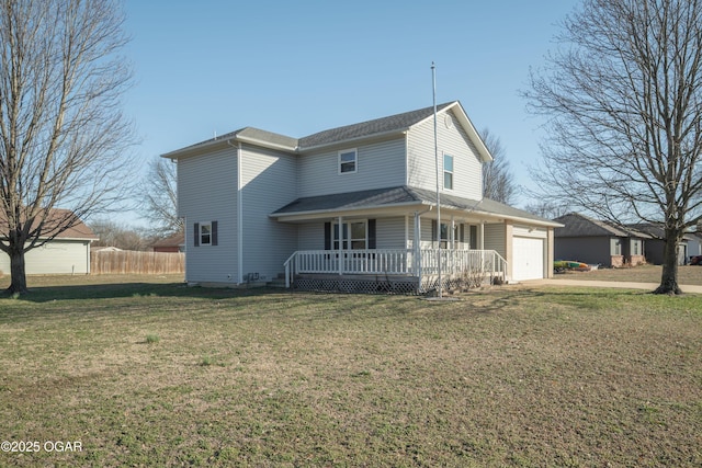 view of front facade with fence, a front yard, covered porch, driveway, and an attached garage