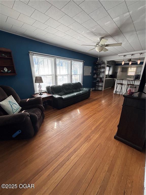 living room featuring wood finished floors and a ceiling fan