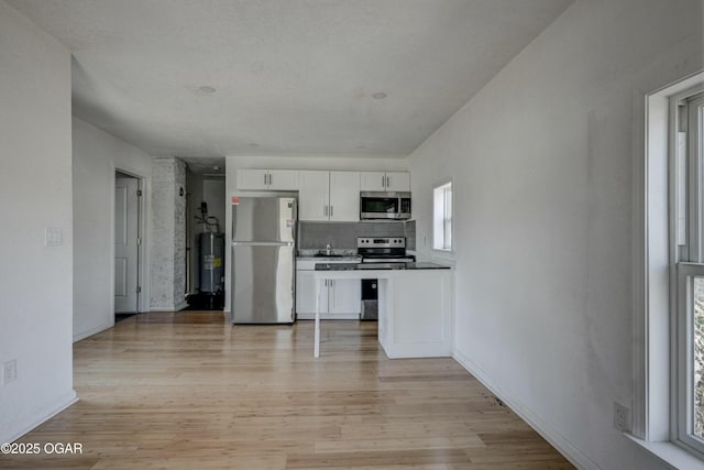 kitchen featuring light wood finished floors, backsplash, water heater, appliances with stainless steel finishes, and white cabinets