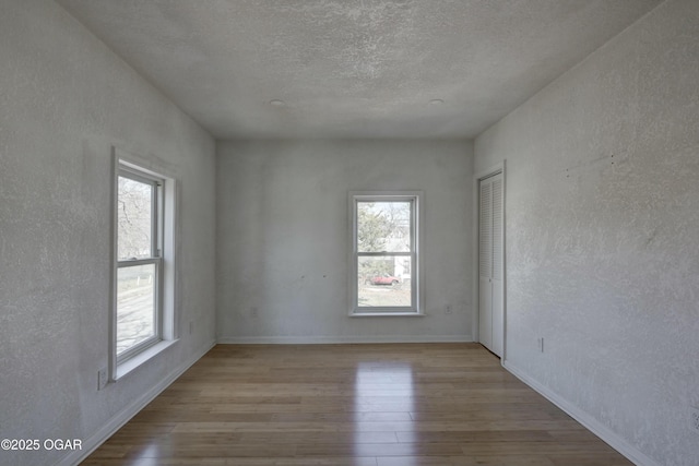 empty room with wood finished floors, a textured wall, and a wealth of natural light