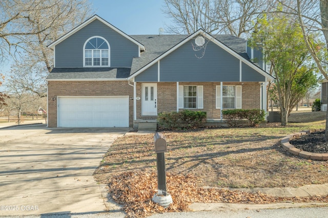 view of front of property with a garage, brick siding, driveway, and roof with shingles