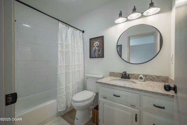 full bathroom with shower / tub combo with curtain, toilet, vanity, and wood finished floors