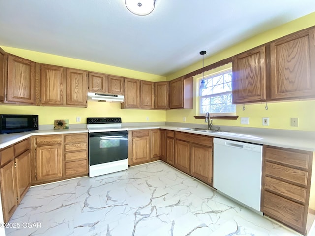 kitchen featuring black microwave, under cabinet range hood, dishwasher, electric stove, and a sink