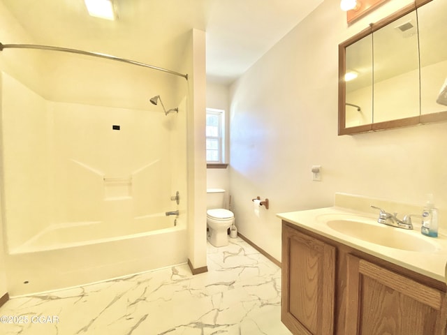 full bath with baseboards, toilet, shower / tub combination, marble finish floor, and vanity